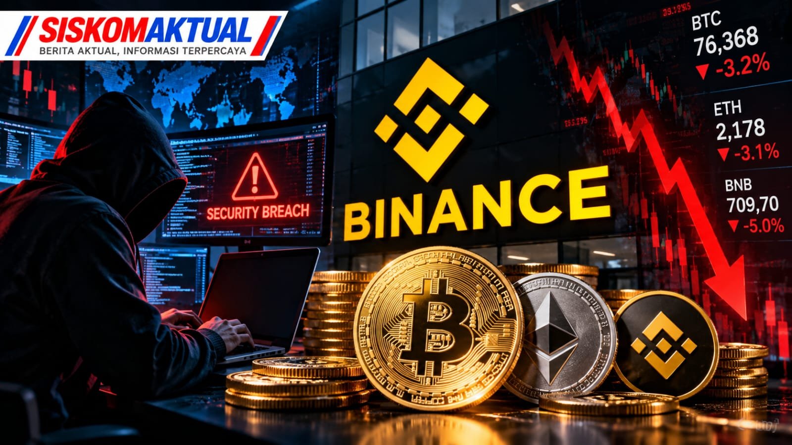Logo Binance dengan ilustrasi koin Bitcoin, menggambarkan dugaan peretasan siber yang berdampak pada aset kripto senilai US$6,3 miliar pada Oktober 2026.