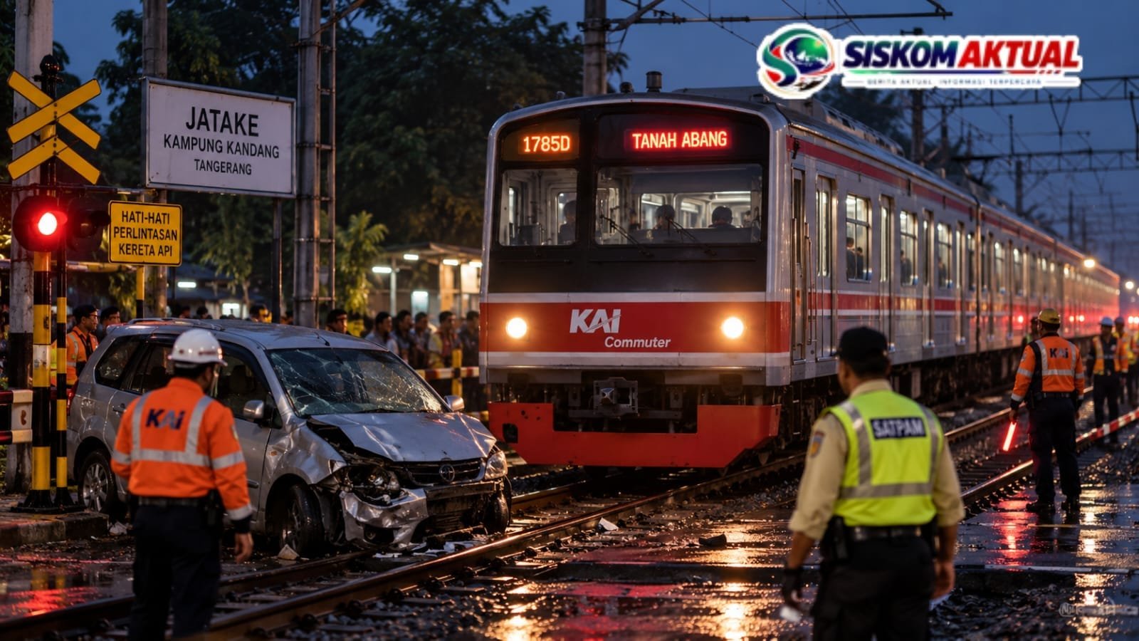 Ilustrasi insiden kereta Commuter Line yang tertemper mobil di kawasan Jatake, Tangerang, pada Sabtu malam (31/10/2026).